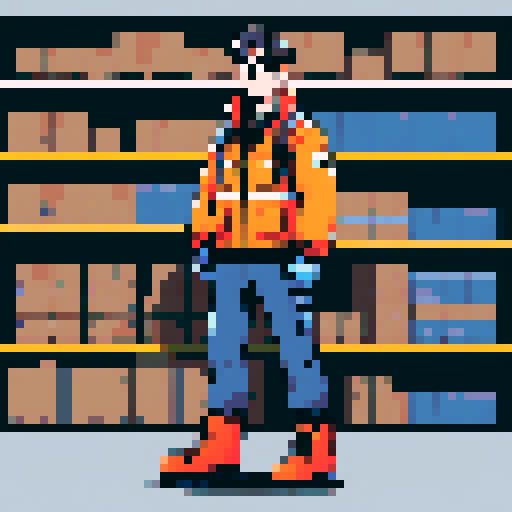 A warehouse worker for Amazon Germany, wearing jacket, gloves and safety boots