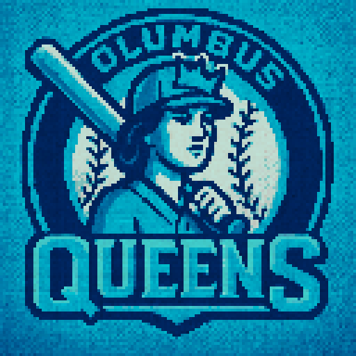 Pixel art of a fictional baseball team called the Columbus Queens. teal, dark blue, light gray, sharp outlines, and soft pixel shading. The logo design mimics 80s MLB logos. Use a vibrant Sega Genesis 16-bit style with selective dithering, geometric forms, and nostalgic retro charm. Avoid modern gradients—keep it pure pixel art.