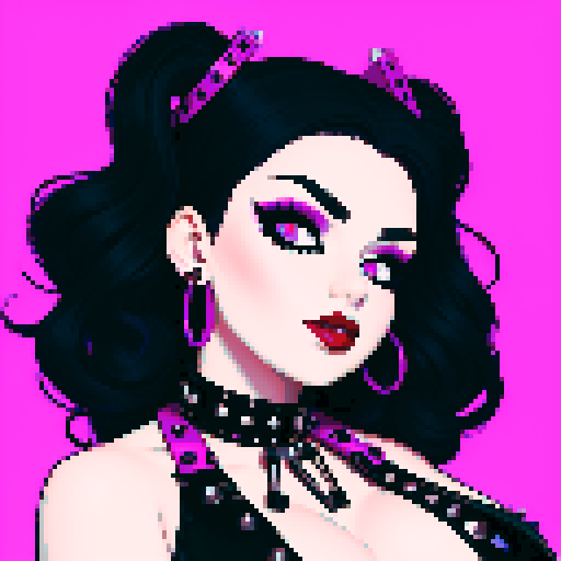 curvy, cute busty goth woman, whole head portrait, black hair, purple eyeshadow, red lipstick, low cut black studded leather halter top, studded collar, vibrant sRGB colors, edgy aesthetic. 