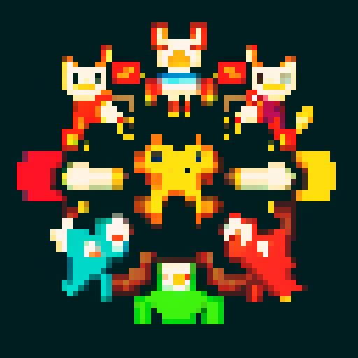 Various animals holding broomsticks forming a united front.