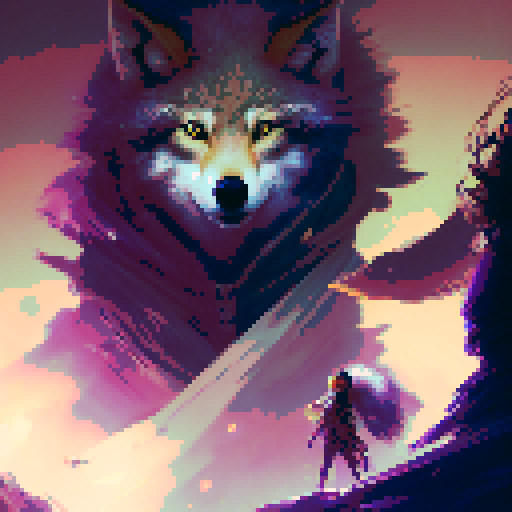 Furry wolf with piercing yellow eyes, standing beside a determined girl with a sword, amidst a mystical forest of glowing mushrooms and floating orbs