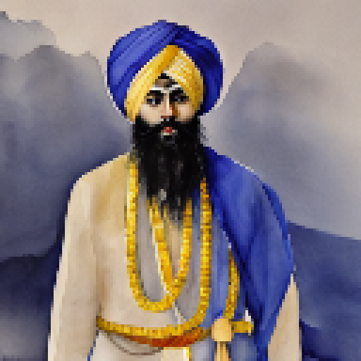 Nihang Singh, draped in blue robes and turban, stands tall with an AK-47 at his side, overlooking a stunning landscape portrait of lush green hills and a flowing river.