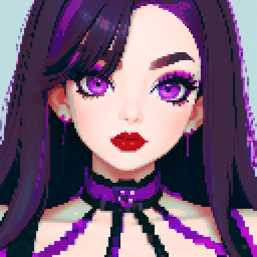 curvy, cute, goth girl, black hair, purple eyeshadow, red lipstick, full head portrait, glamour shot.