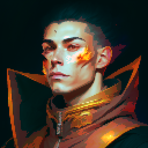 Dark evil male wizard, black-haired and bright-eyed, red and black robe with golden-trimmed lining, conjuring a blazing fireball in fantasy RPG style, mystical aura, ancient runes, smoky atmosphere