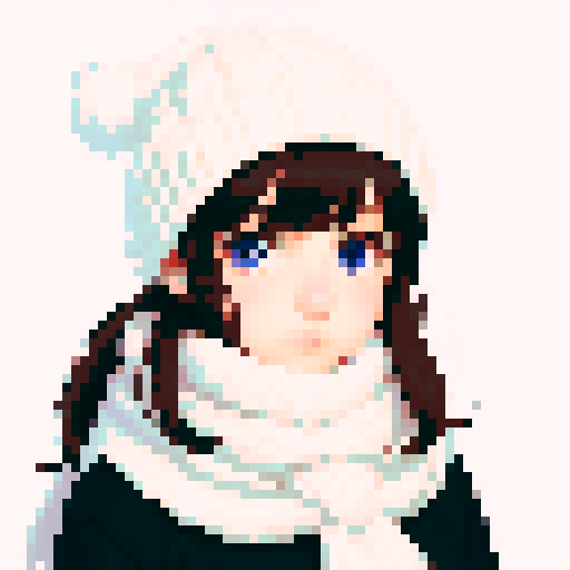 portrait, sprite art, young woman, cute, soft eyes, autistic, cozy winter, white scarf, shy, timid, dark hair, dark eyes
