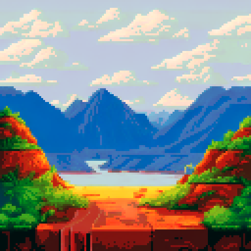 golden grass, with mountains in the distance and a cloudy sky above, all in pixel art with an sRGB color palette