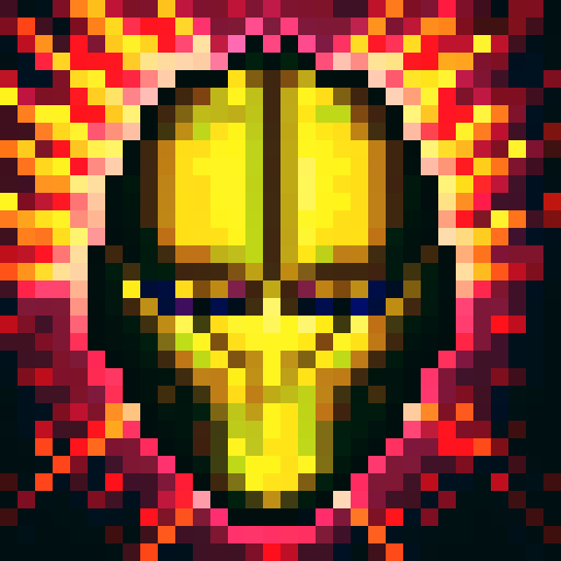Metallic knight helmet with purple details, surrounded by fiery purple and green flames, in a close-up portrait style perfect for a skillful 32x32 pixel art game icon in sRGB color