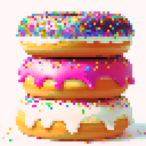 three big doughnuts in center of a frame, with vibrant colored icing dripping down, sprinkles on top, white background
