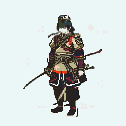 historically accurate muromachi samurai in traditional armor, roguelike rpg full-body sprite