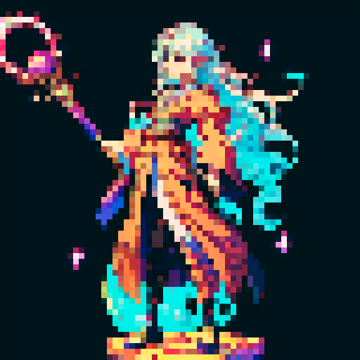 legendary anime girl wizard, long flowing hair, vibrant and dynamic colors, glowing magical staff, intricate and ornate robes, intense and focused expression looking to the right, not wearing shoes, sparkling and shimmering background, detailed and precise pixel art
