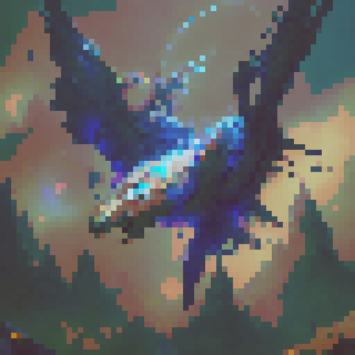 A majestic dragon soaring through a vibrant, neon-lit sky, casting a mystical glow on the medieval, cobblestone streets of a fantasy RPG town as enchanted creatures and characters in elaborate, shimmering armor go about their quests and adventures