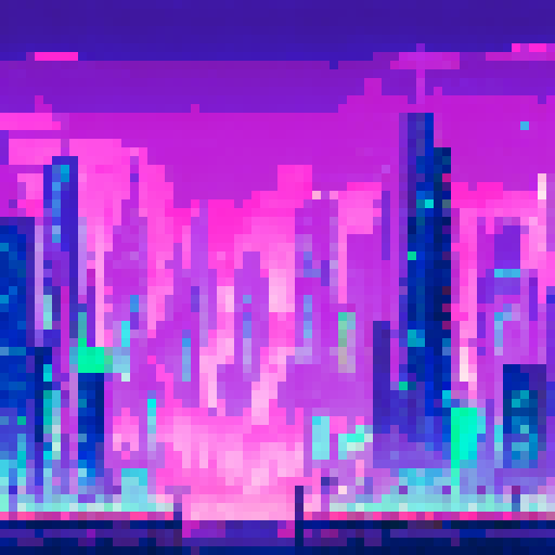A towering, neon-lit skyscraper rises above a sprawling, pixelated cityscape with a vibrant, sRGB color scheme, all set against a starry, futuristic background reminiscent of a sci-fi landscape