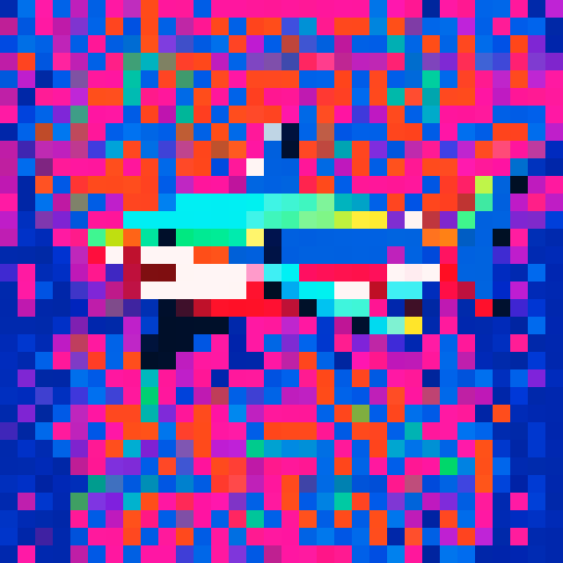 Iridescent Shark, vibrant hues, shimmering scales, pixelated art, sRGB color palette