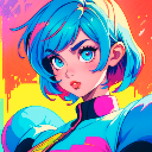 Short hair girl, waving, vibrant colors, retro vibes, pixelated textures, sRGB, pixel art