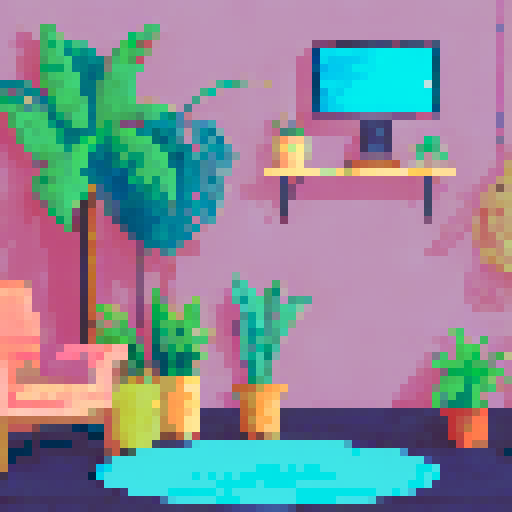Living room with Tropical plants, vibrant colors, cozy furniture, natural light, palm tree wallpaper, pixelated patterns, retro television, sandy floor, wooden beams, rattan chairs, beach-inspired decor, sunset hues, scenic landscape, lush greenery, sRGB color scheme, pixel art details