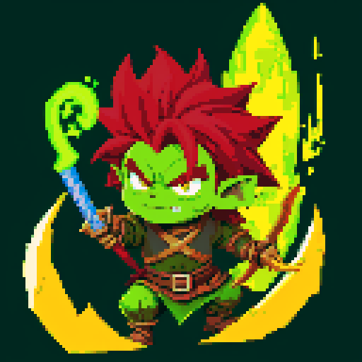 Fantasy Medieval Goblin Warrior, fierce and battle-worn, brandishing a wickedly curved blade, with glowing green eyes and spiky crimson hair, depicted in pixel art style, vibrant and vibrant colors in the sRGB color space