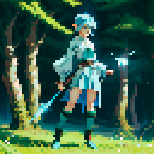 a light blue hair colored elf girl with green eyes, job class mage, age 16 , standing ,holding wood wand 