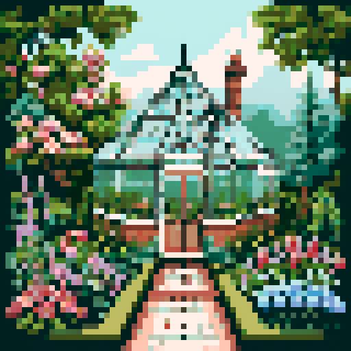 a victorian conservatory greenhouse in a cottage garden cottagecore style cross stitch pattern