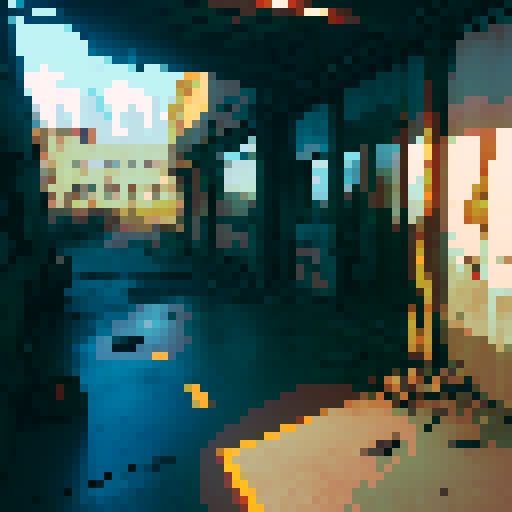 worn and weathered, industrial excavation building, rusty metal beams, cracked concrete walls, broken windows, pixel art