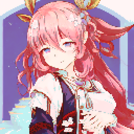 Yae miko, with flowing ribbons in her hair and a serene smile on her face, gazes out from atop a pixelated, pastel pink hill, surrounded by a sea of cherry blossoms and framed by a sweeping, golden sun