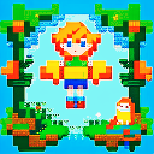 An illustration in the style of a pixel art of two people, a pixelated girl with orange hair, a pixelated girl with blue hair and a white pixelated cat, in a mysterious and primordial rainforest scene, A pixel parrot flies in the sky
