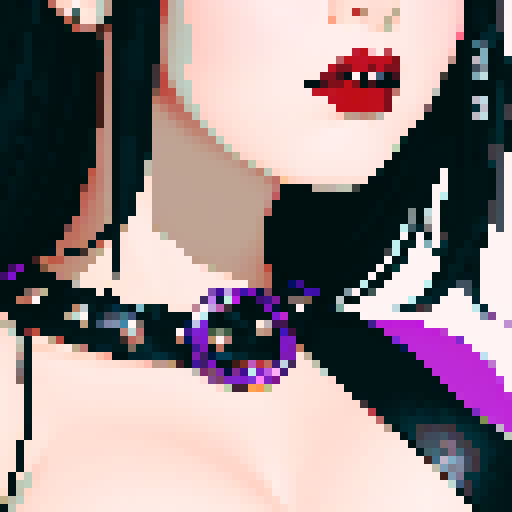 curvy, busty goth, cute goth woman's face, black hair, purple eyeshadow, red lipstick, studded leather string bikini, face portrait, beauty photo, vibrant sRGB colors, pixel art