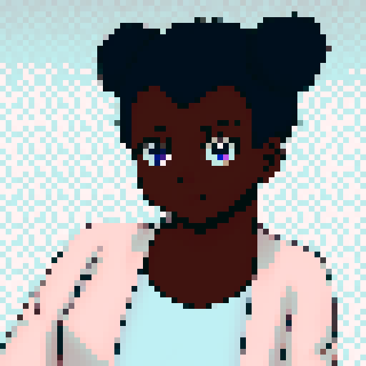 Teenage black girl with navy blue hair and purple eyes