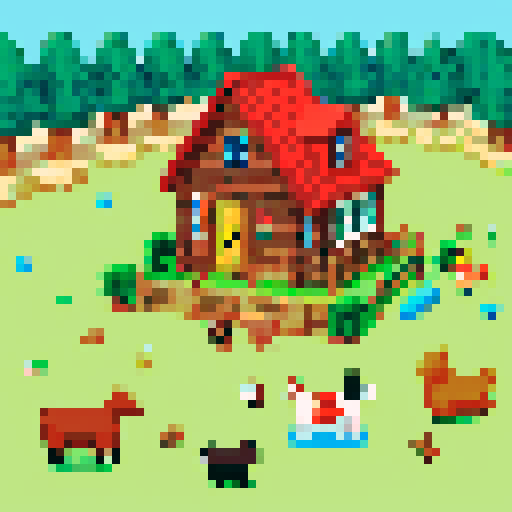 Seaside log cabin, family playing, farm animals