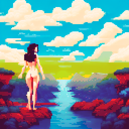 nudes, naked girls, sexy body, big boobs, sRGB, pixel art, background, landscape