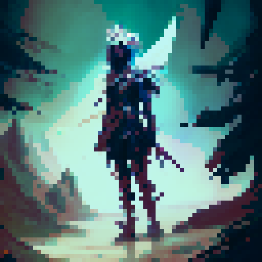 Feathered warrior wielding a sword and shield, standing amidst a lush forest with a babbling brook and glittering mushrooms