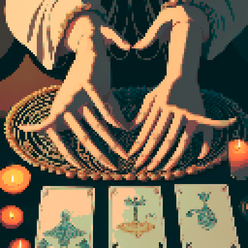 A close-up of a woman's hands over a table during a tarot card reading in a medieval dark style. The table is adorned with elements of the ocean such as sea shells, sand, and small pieces of coral. The atmosphere is mystical and dimly lit, with candlelight casting shadows that enhance the eerie and magical mood. The woman's hands are gracefully poised over the cards, which also have oceanic designs like waves and mermaids. With a dark ambient light.