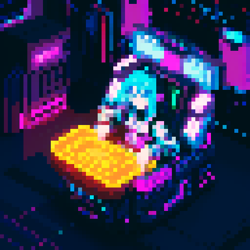 cyberpunk anime girl hacker, vibrant neon colors, futuristic cityscape backdrop, glitchy pixel art aesthetic, 16-bit animation style, glowing LED tattoos, pixelated holographic interface, electric blue hair, cybernetic augmentations, glowing cyber eyes, virtual reality headset, digital code flowing around her, futuristic cyberpunk fashion