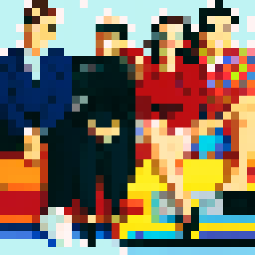 seinfeld cast, vibrant colors, pixelated characters, iconic hairstyles, quirky expressions, retro TV set, New York City backdrop, 90s fashion, sitcom humor, energetic poses, pixel art, sRGB