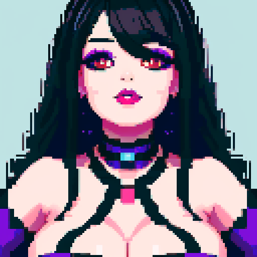 curvy, cute goth girl face, black hair, purple eyeshadow, red lipstick, face portrait, glamour shot, vibrant sRGB colors, pixel art