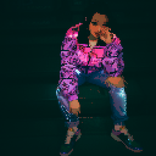 Tokyo skyline with towering neon-lit skyscrapers, retro arcade machines glowing in pastel hues, glitchy pixelated cherry blossoms, a cyberpunk girl with flowing holographic hair, floating sushi rolls with vaporwave aesthetics, and a glowing pink and purple vending machine filled with futuristic holographic drinks