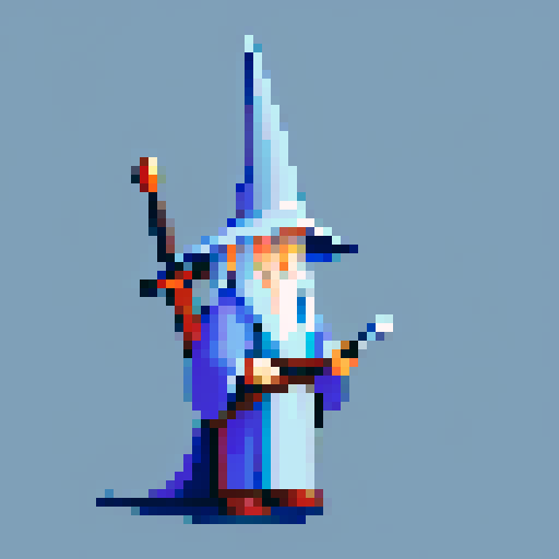 Wizard, pointy hat, sword and staff, long robe, think Gandalf