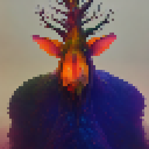 Awe-inspiring, towering tree sprouts from the back of a mystical, multi-horned beast, its massive roots extending outward in a vibrant display of color and texture, rendered in a whimsical, surrealist art style.