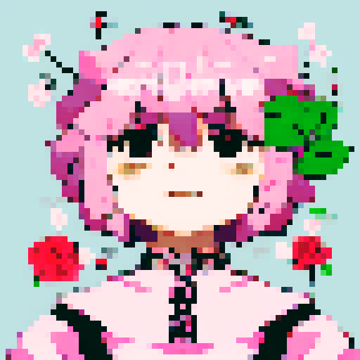 Pink roses bloom around a serene park with swings and trees while a character portrait shows a close-up of an anime-style figure in pixel art.