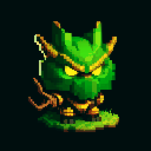 A vigilant guardian made of sturdy wood and roots, with sharp branches and glowing yellow eyes. It has a fierce expression and an imposing stance, dedicated to safeguarding the forest. No background.
