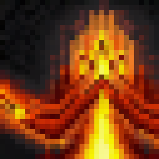 Fiery Pyroblast raining down, scorching everything in its path, depicted in pixel art style with vibrant reds and oranges.