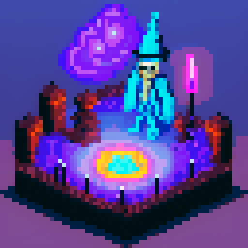 Pixelated skeleton wizard with glowing blue eyes, casting a spell with bony fingers, surrounded by swirling purple smoke