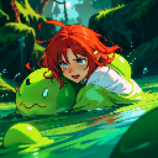 hero sinking into slime, hero drowning in slime, hero has red hair