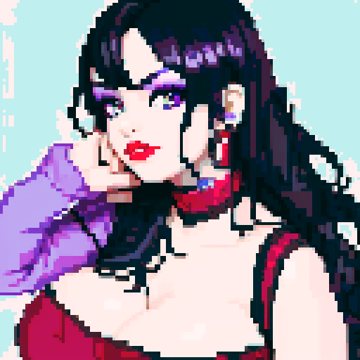 curvy, cute goth girl sitting, black hair, purple eyeshadow, red lipstick, glamour shot, pixel art, vibrant sRGB colors