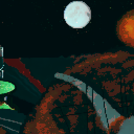 The scene is set as the main protagonist, gurney as seen in the bottom right is on a hill looking over a desolate area with sparse plant life up in flame. We see the back of his head, with his distinct jaw and a cigarette in his mouth. in the distance is a large laboratory, which has smoke coming out of it and a hole in the top. The sky is full of starts, a moon and a distant alien planet