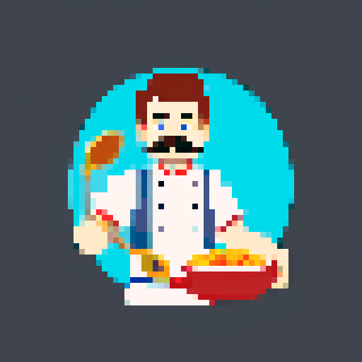 Cooking chef character with a moustache sprite for a 2D plateformer video game with a frying pan in his hand