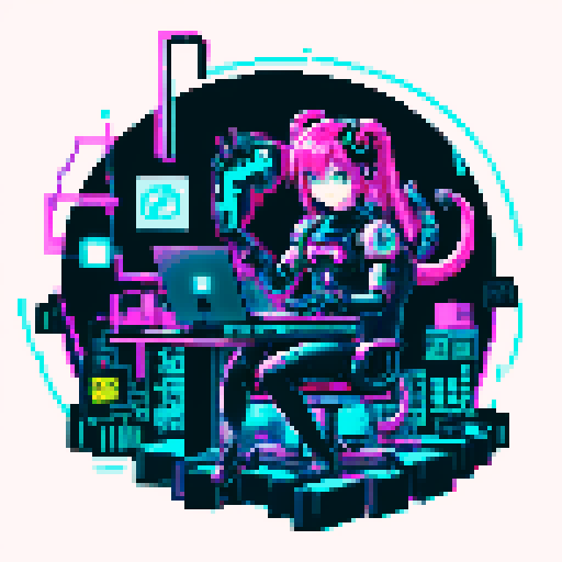 cute cyberpunk scorpion with human head, human head is from anime inspired character with vibrant hair, expressive eyes, and a playful smile, scorpion is playing computer games, tables with potato chips and coca cola, scorpion's tail should be fully in the picture, bright yellow and cyan and pink lights