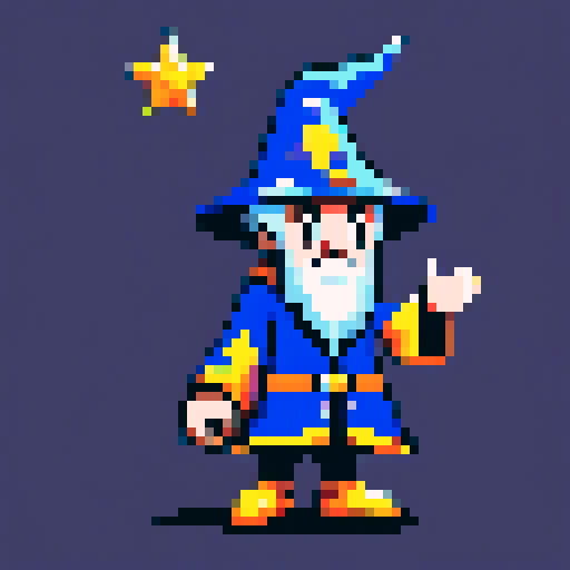 Create a pixel art character of a whimsical wizard . The wizard should wear a blue robe covered with yellow stars and a matching pointy hat. He should have a playful grin, holding his hand ready to give a high five
