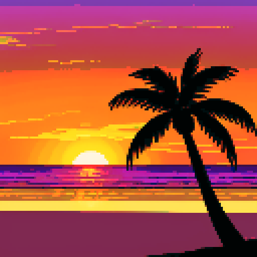 palm trees silhouetted against a fiery sunset sky, golden sand reflecting hues of orange and purple