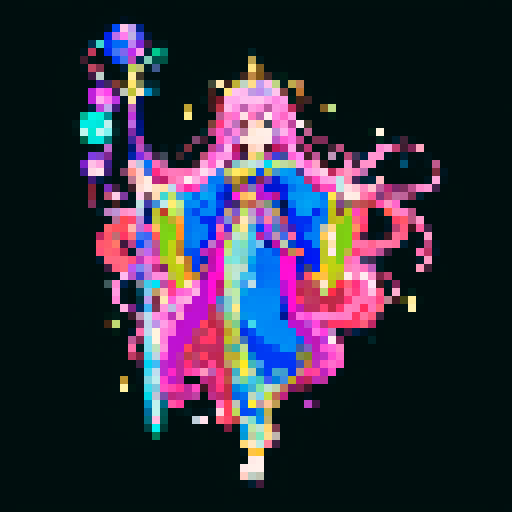 legendary anime girl wizard, long flowing hair, vibrant and dynamic colors, glowing magical staff, intricate and ornate robes, intense and focused expression looking to the right, not wearing shoes, sparkling and shimmering background, detailed and precise pixel art
