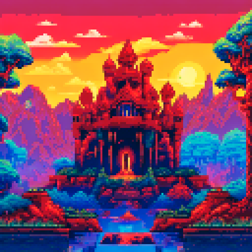 Sunset in the jungle, temple surrounded by trees, colorful bird perched on a branch, serene ambiance, vibrant pixelated landscape